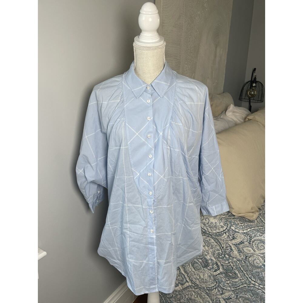Maeve Anthropologie Blue Windowpane Oversized Cotton Blouse Small Balloon Sleeve
